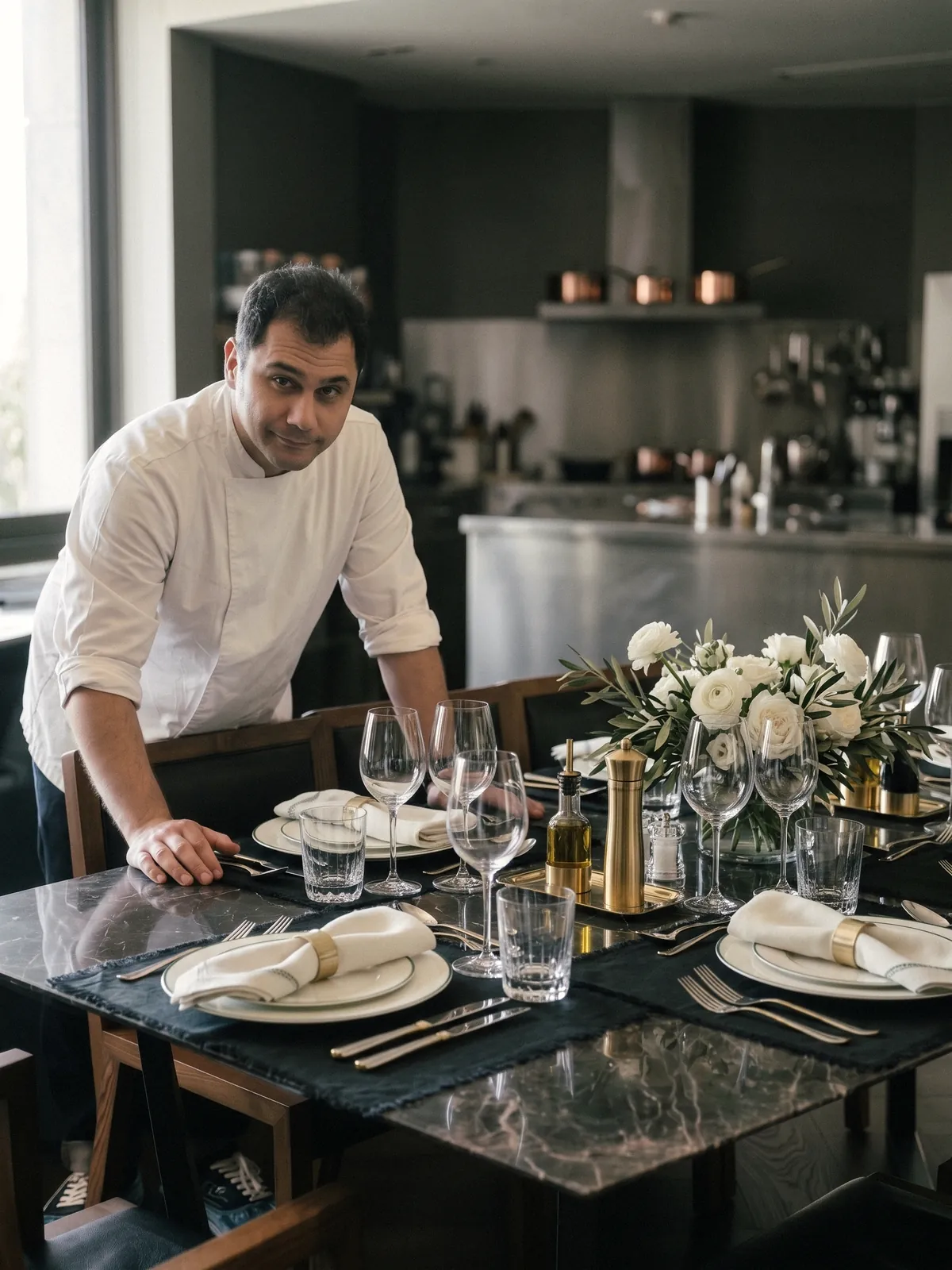 Chef Hakan Öztaç at a dinner table set with white flowers